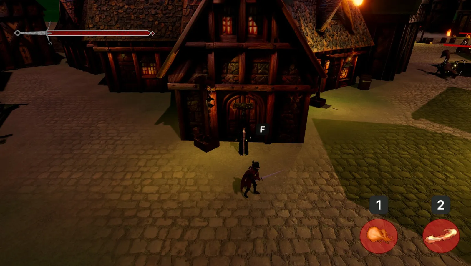 Gameplay in the city at night, with the two ability icons in the corner of the screen