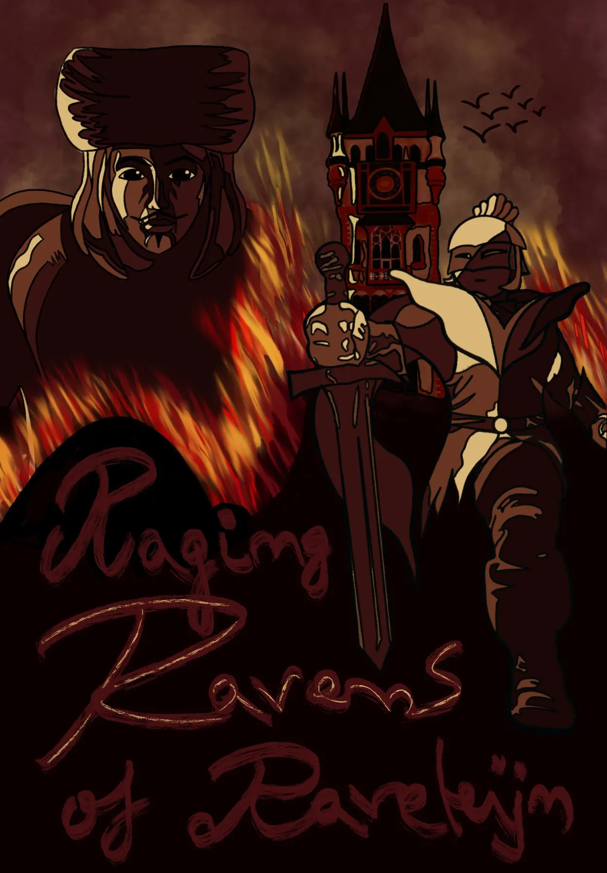 Painted poster of the game, with Olaf and Thomas in front of the burning city tower