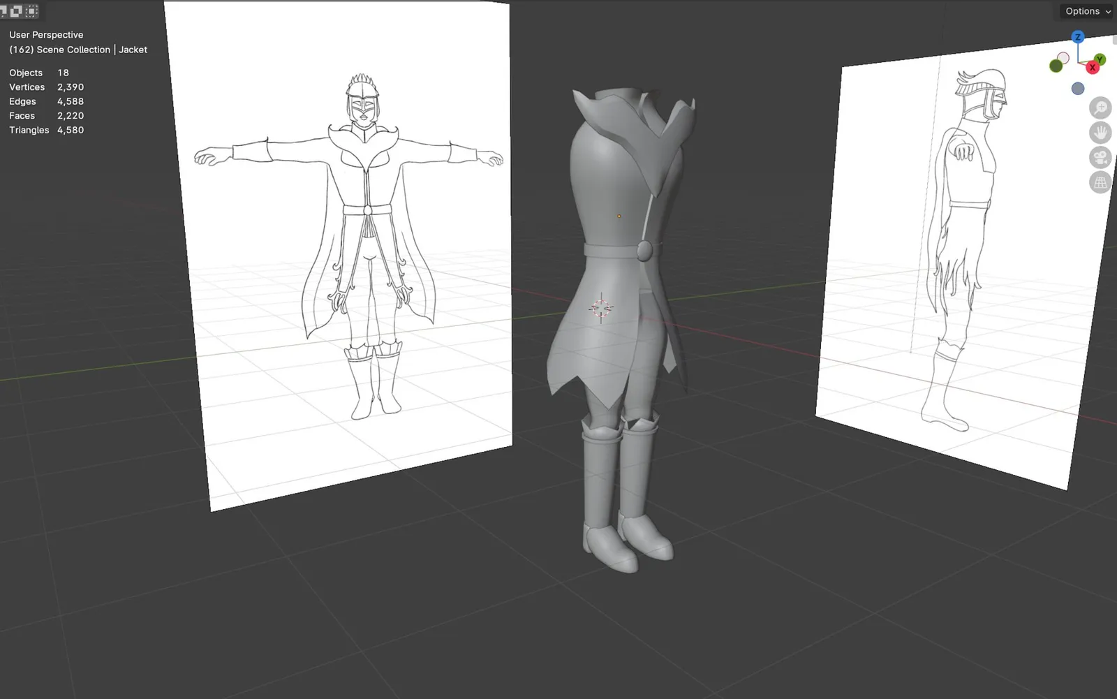 Thomas being modelled in Blender between his front and side reference drawings