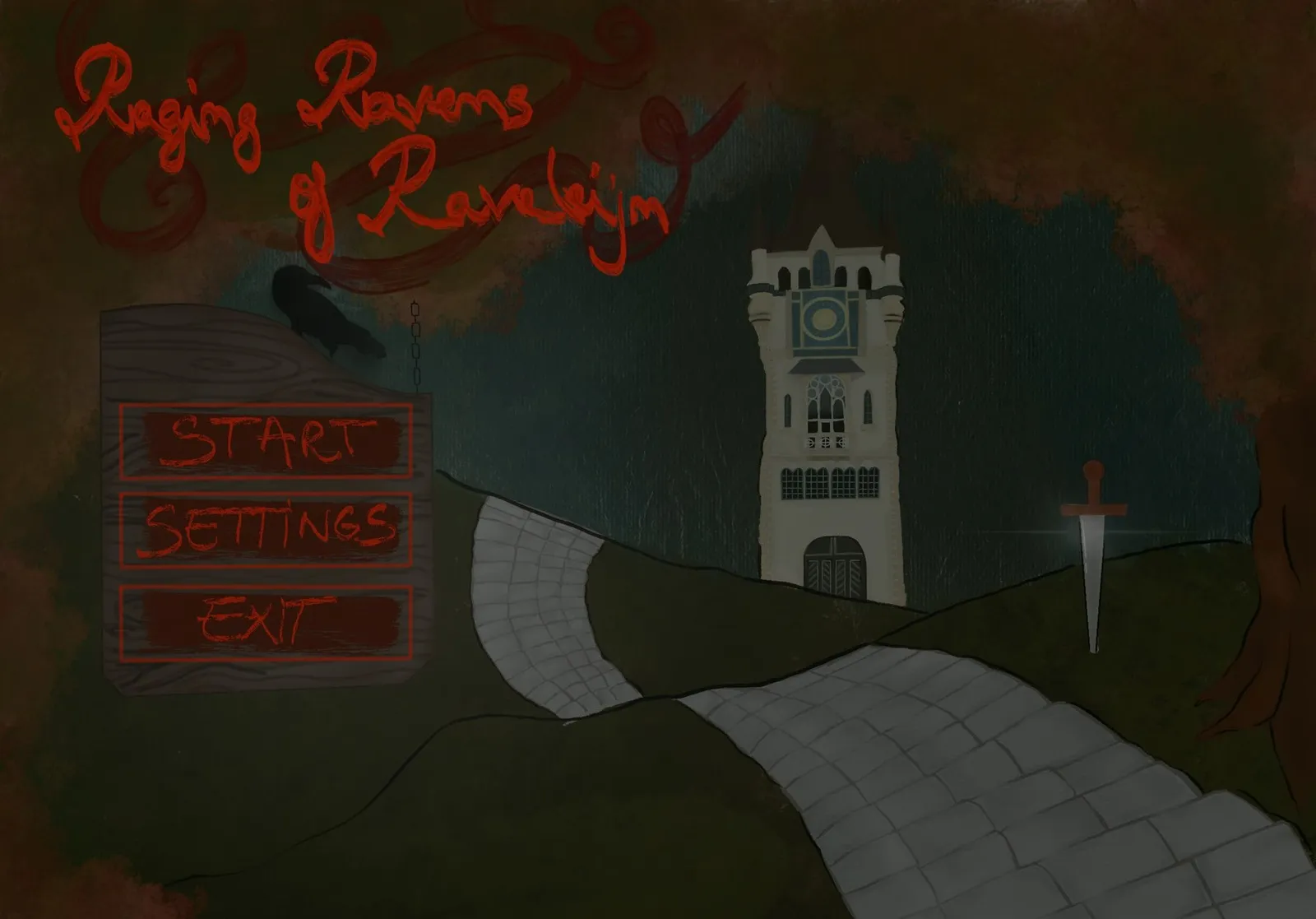 The title screen with the game logo, the menu and the city tower
